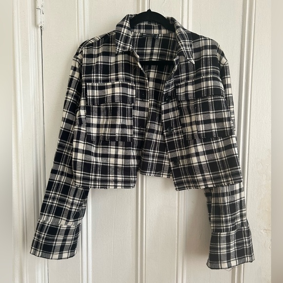 ASOS Tops - ASOS Design Cropped Oversized Black White Plaid Shirt